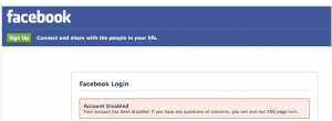 Facebook message that indicates the account has been disabled