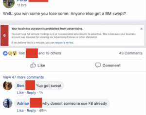 Dialogue about being prohibited from advertising on Facebook
